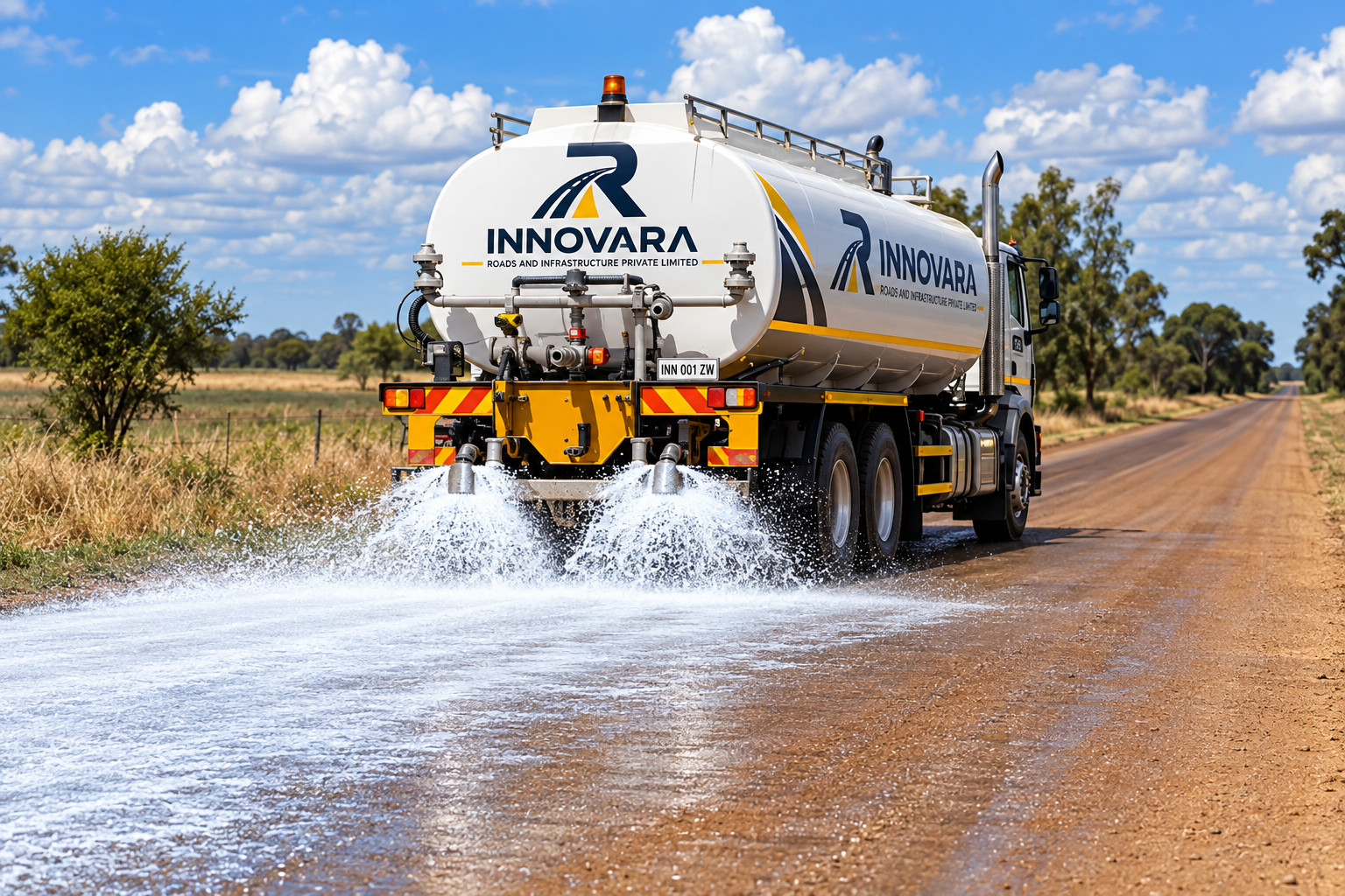 Innovara water truck carrying out dust suppression on an unsealed road