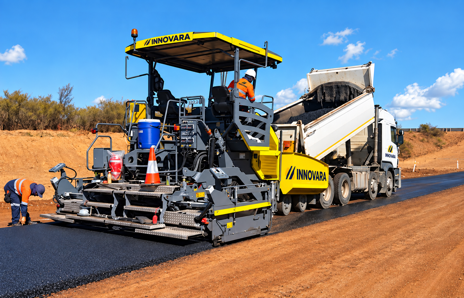 Innovara asphalt paver and tipper truck constructing a road
